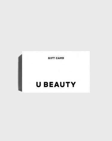 White gift card with "GIFT CARD" and "U BEAUTY" text printed in black.