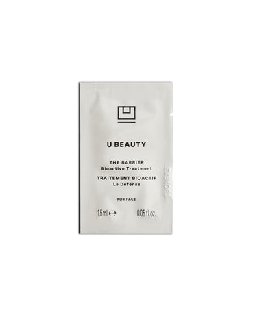 White sachet packet labeled "U Beauty The Barrier Bioactive Treatment" with 1.5ml volume, designed for facial use.