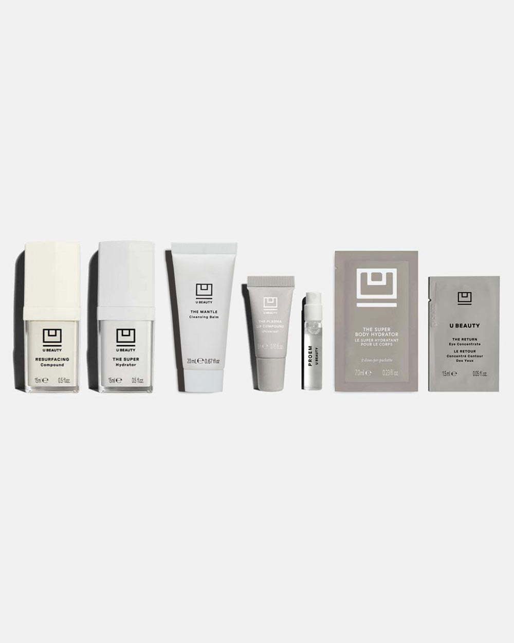 Six U Beauty skincare products arranged in a row: resurfacing compound, eye hydrator, cleansing balm, eye concentrate, primer