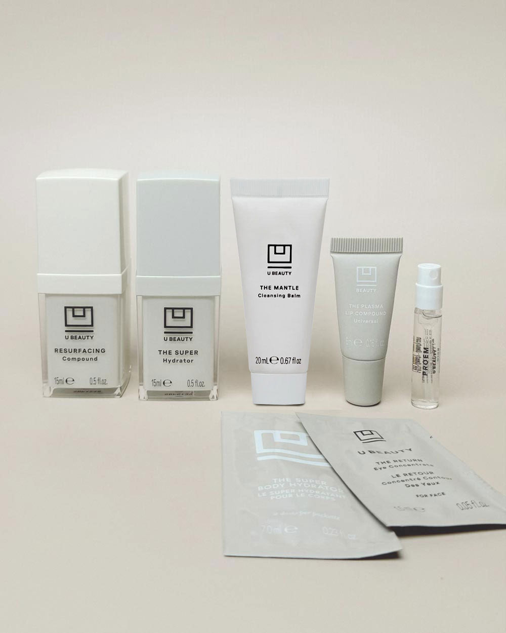 U Beauty Discovery Edit skincare set containing five products and two informational cards on neutral background.