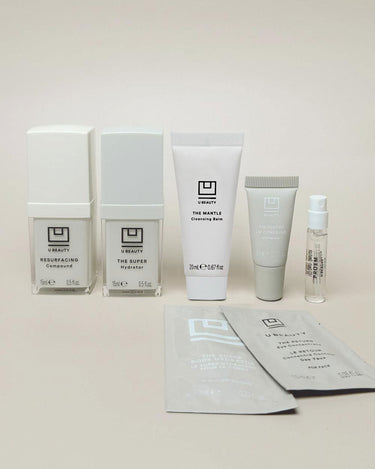 U Beauty Discovery Edit skincare set containing five products and two informational cards on neutral background.