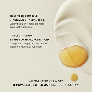 Yellow and white skincare products with text describing resurfacing compound with vitamins C and E, and hyaluronic acid.