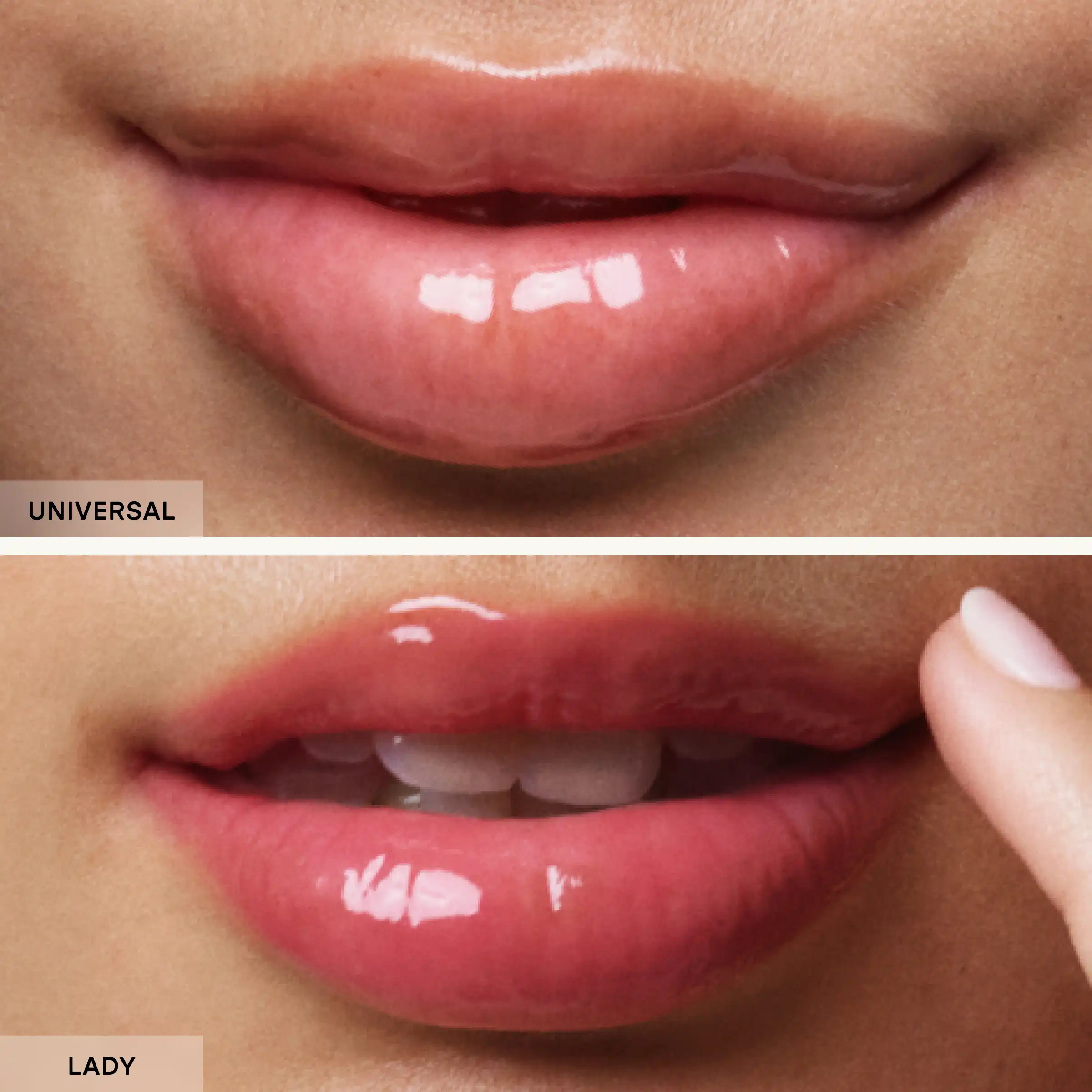 Two lip swatches showing Universal shade in rose pink and Lady shade in deeper red, both with glossy finish.