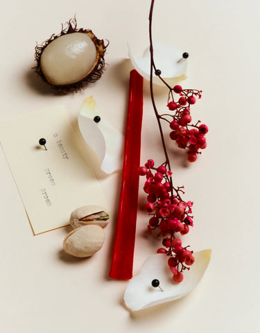 PROEM Eau de Parfum bottle with white ceramic applicators, red berries, pistachio shell, and cream envelope on neutral backgr