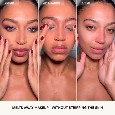 Three-panel progression showing person applying red cleansing balm to face, demonstrating makeup removal from before to after