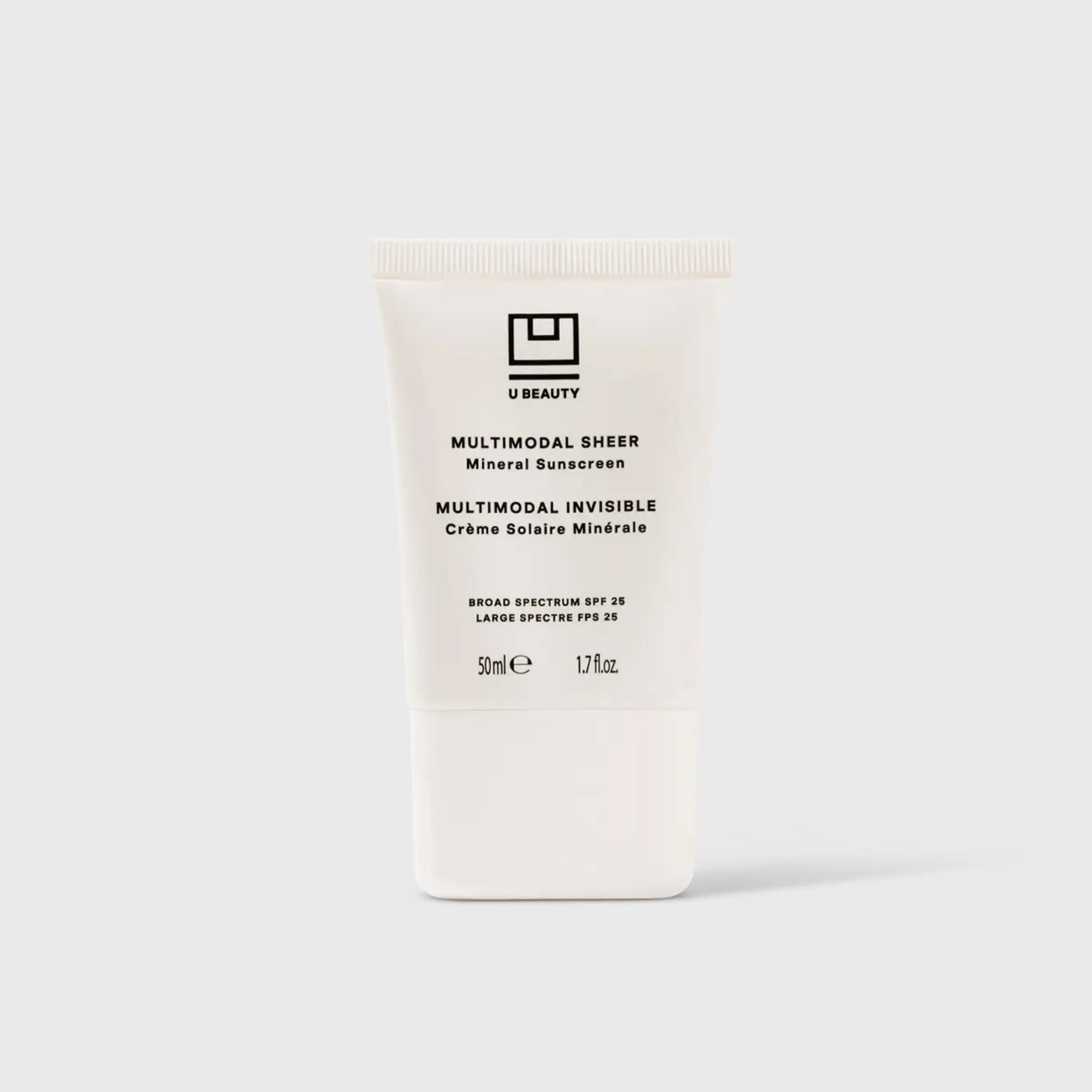 Tubo blanco de protector solar Multimodal Sheer U Beauty con FPS 25, de 50 ml, con tapón estriado y etiqueta con texto en negro.