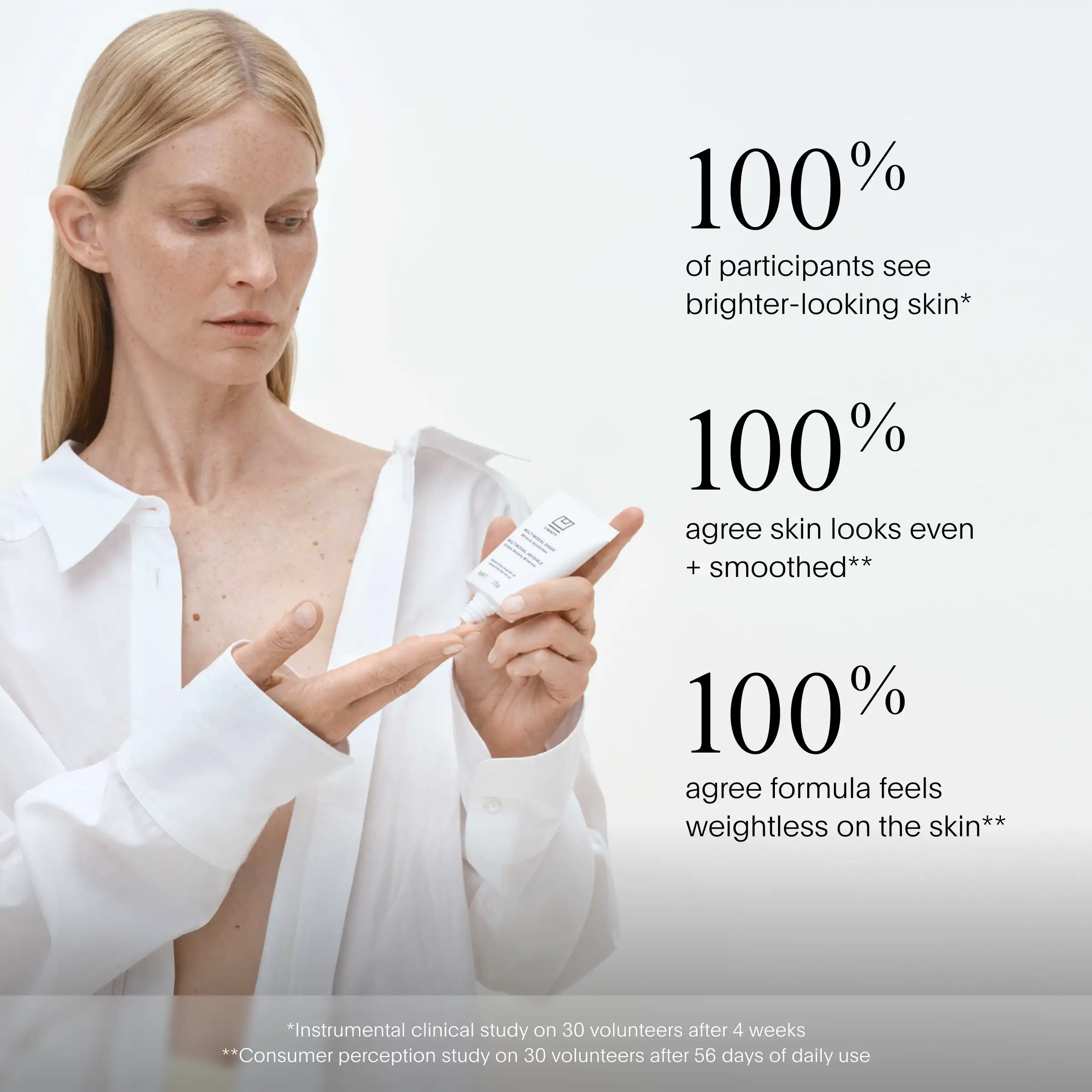 Une femme aux cheveux blonds tenant contre sa poitrine un tube blanc de crème solaire minérale, vêtue d'une chemise blanche boutonnée.
