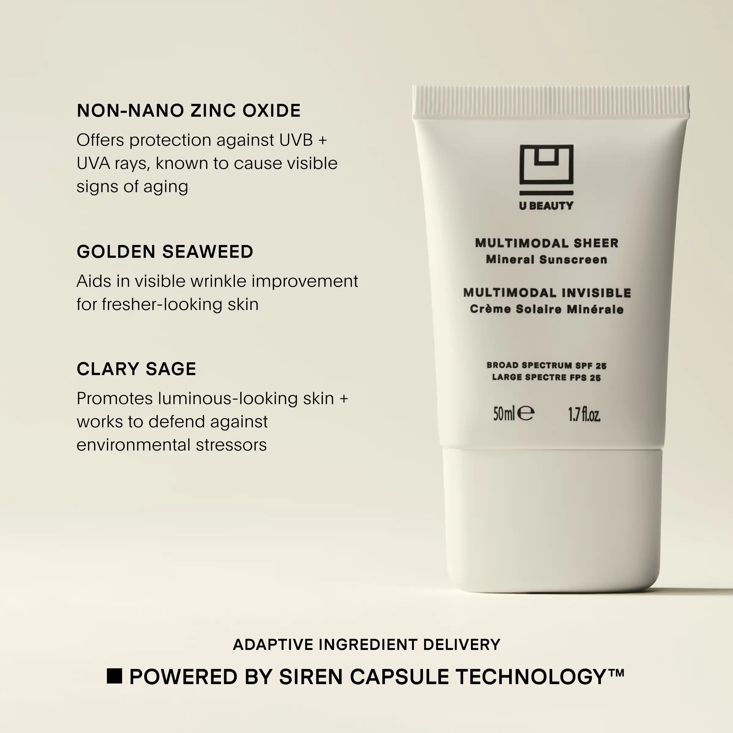 Tube blanc de MULTIMODAL INVISIBLE Crème Solaire Minérale U Beauty MULTIMODAL INVISIBLE Crème Solaire Minérale 25, 50 ml, avec étiquette en noir.