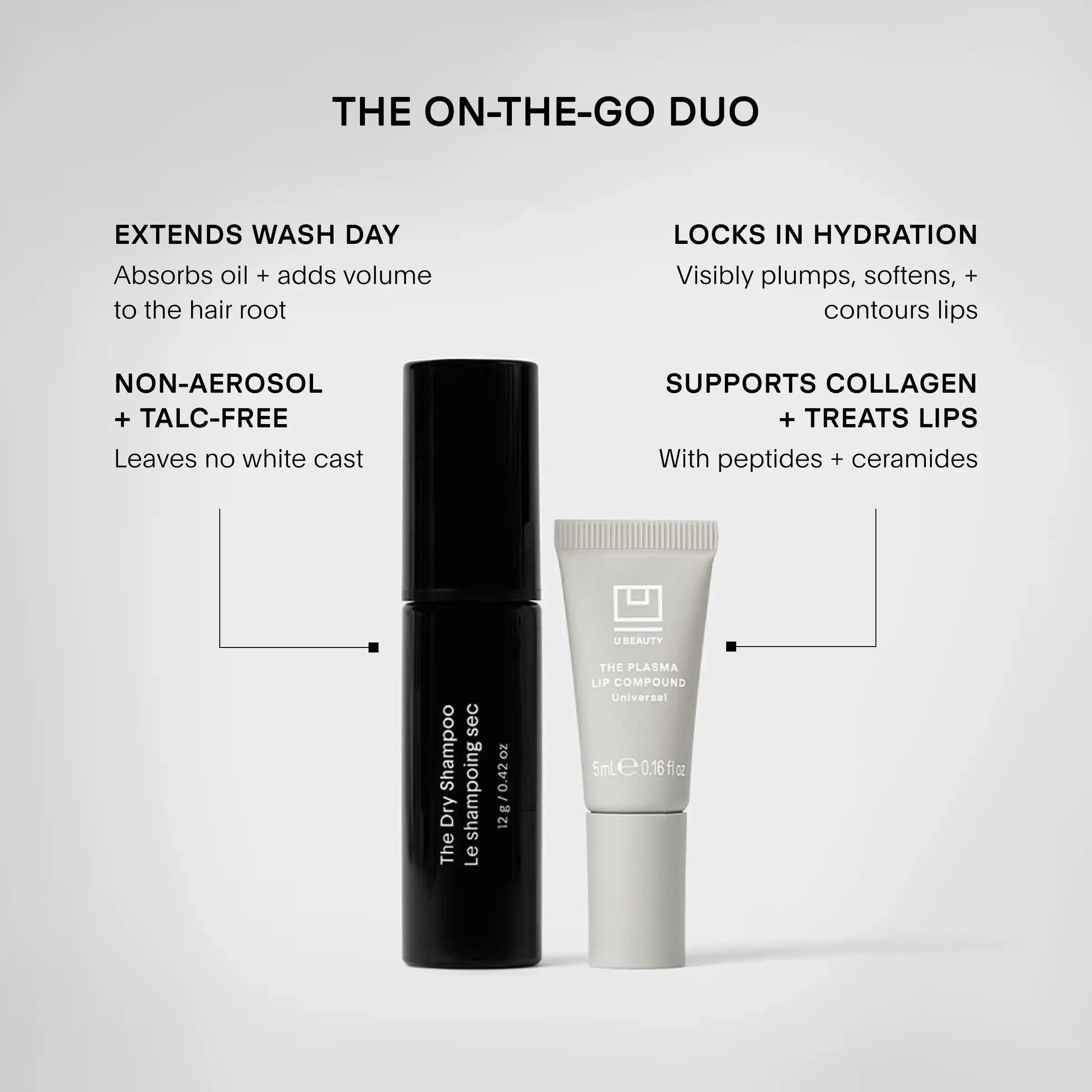 Black dry shampoo spray bottle and beige lip treatment tube with applicator displayed side by side.