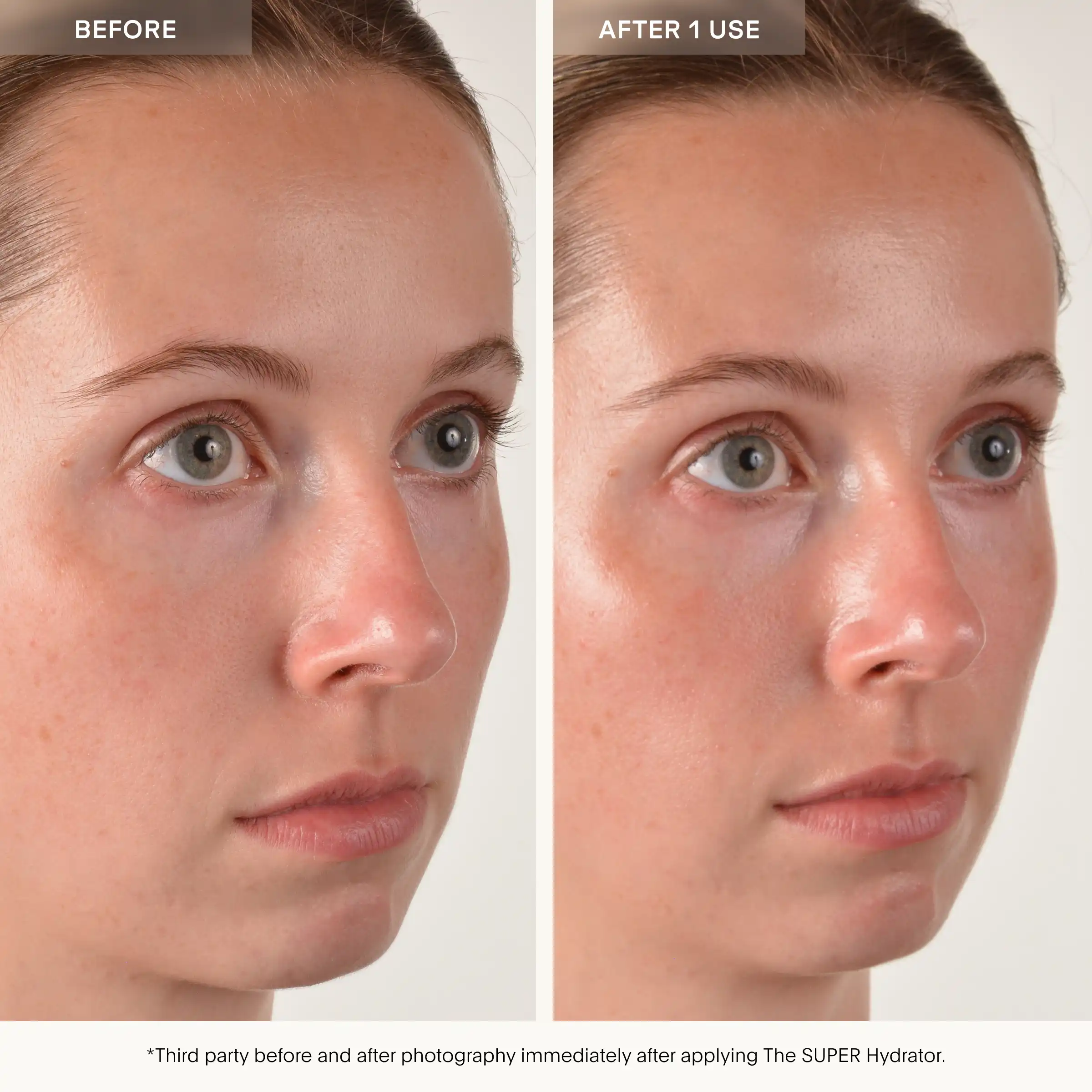 Side-by-side facial comparison showing skin appearance before and after single product application.