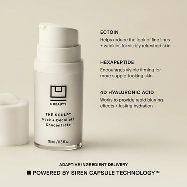 White cylindrical airless pump bottle labeled "The SCULPT Neck + Décolleté Concentrate" by U Beauty, 15 mL, displayed with in