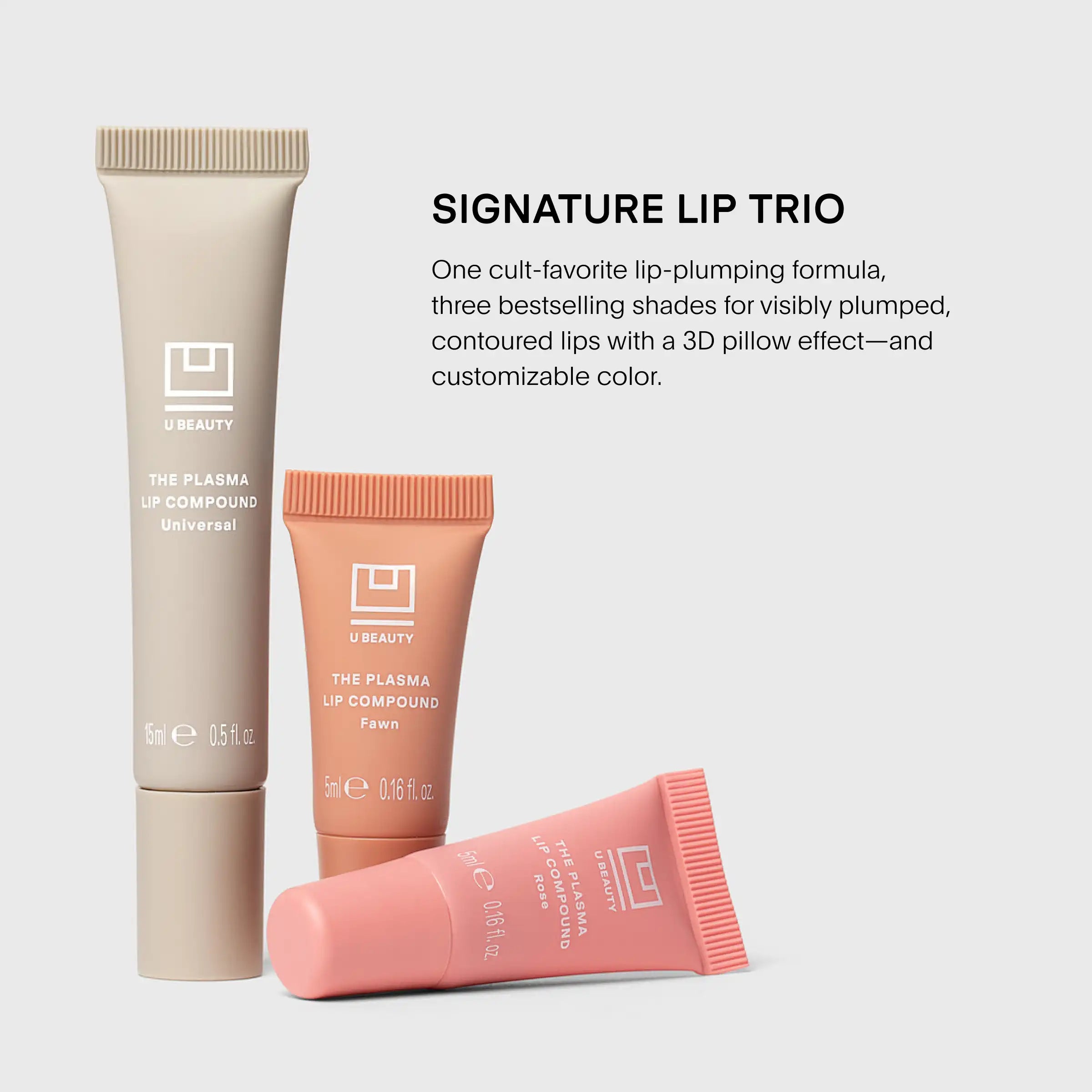 Three lip plumping tubes in neutral, peach, and pink shades with ribbed applicators.