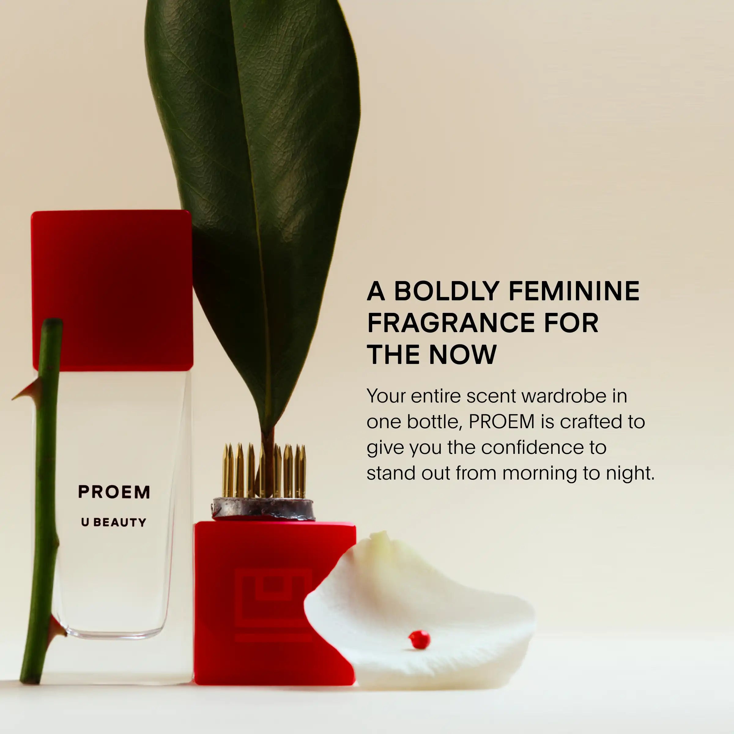 PROEM Eau de Parfum bottle with red cap and white box displayed with green leaves and white sculptural form.