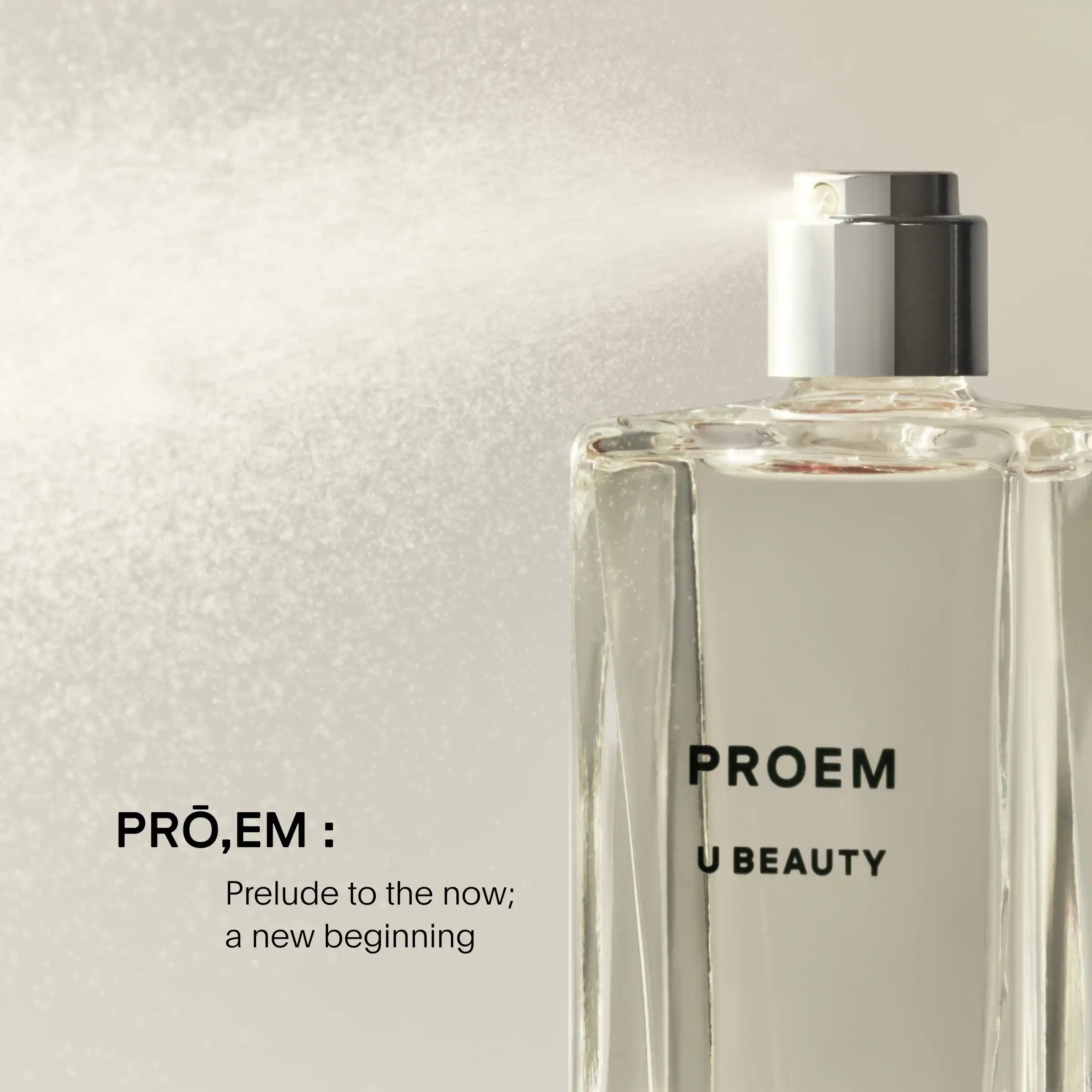 Clear glass perfume bottle with black cap and PROEM branding on label.