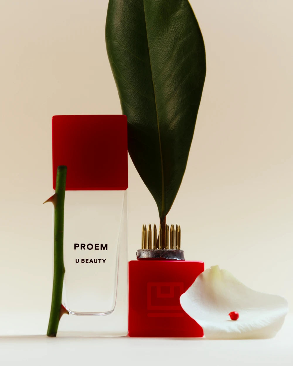 PROEM Eau de Parfum bottle with red cap displayed alongside green leaves, red geometric packaging, and white ceramic dish.