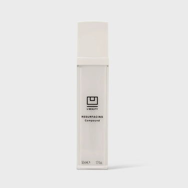 U Beauty Resurfacing Compound 50ml bottle with white cap and beige label on neutral background.