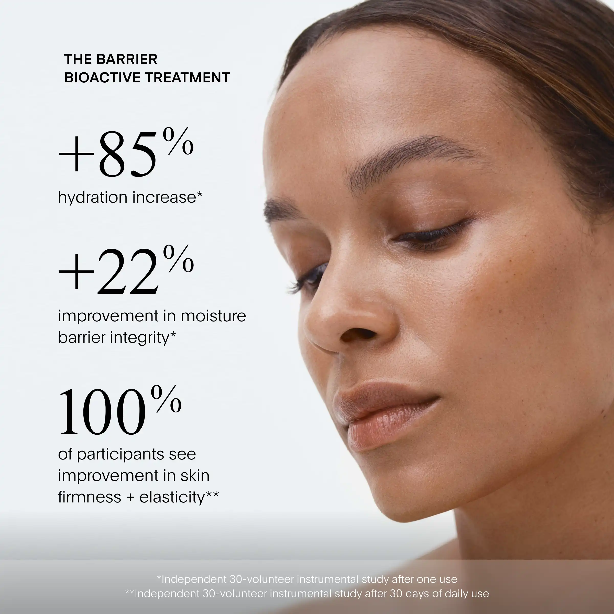 Woman's face in profile showing skin with text describing 