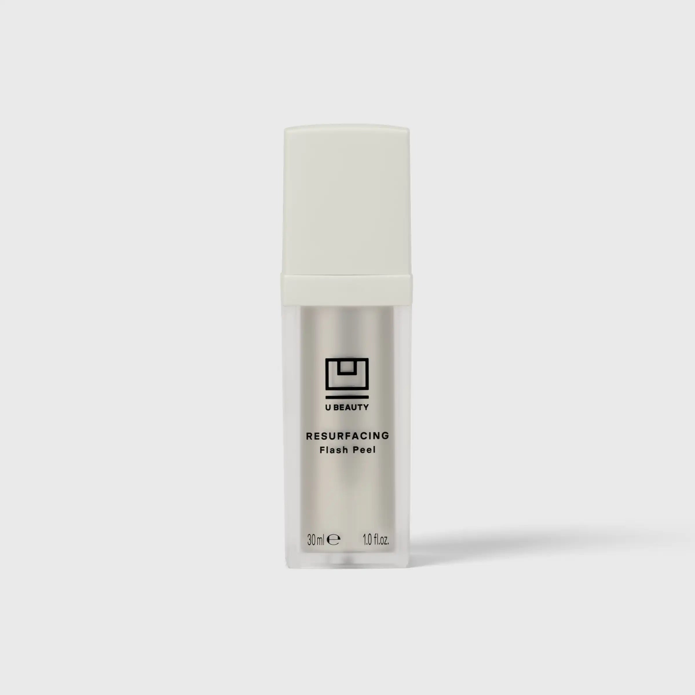 U Beauty Resurfacing Flash Peel 30ml bottle with white cap and metallic silver label on gray background.