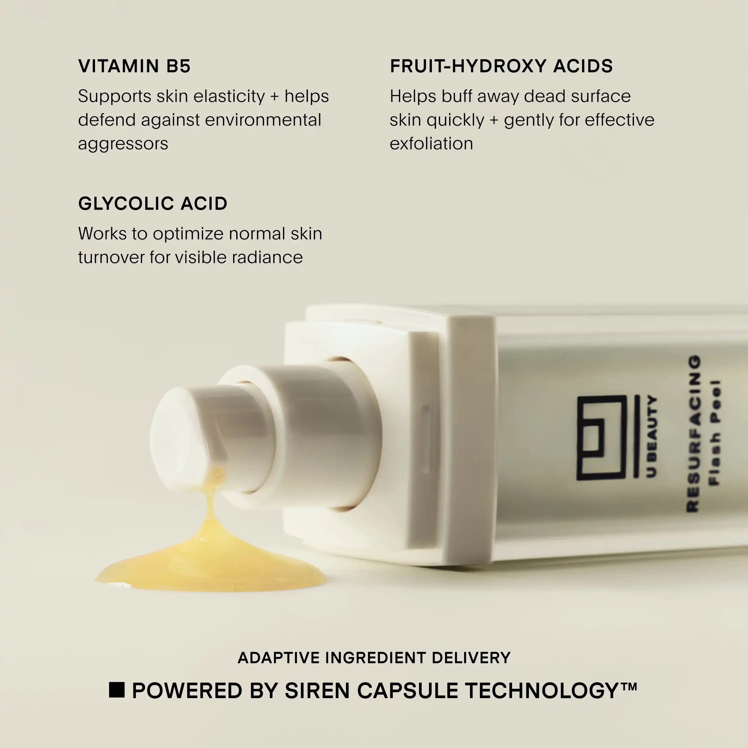 Resurfacing Flash Peel tube with white pump dispenser releasing yellow gel formula.