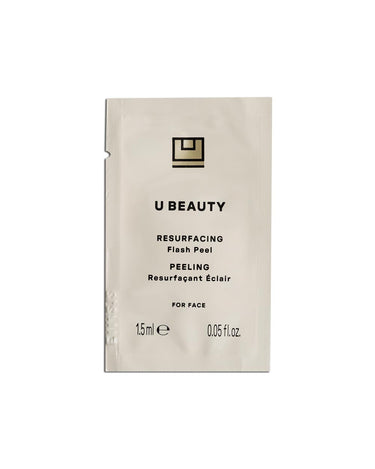 U Beauty Resurfacing Flash Peel single-use packet, 1.5ml, beige sachet with black text.