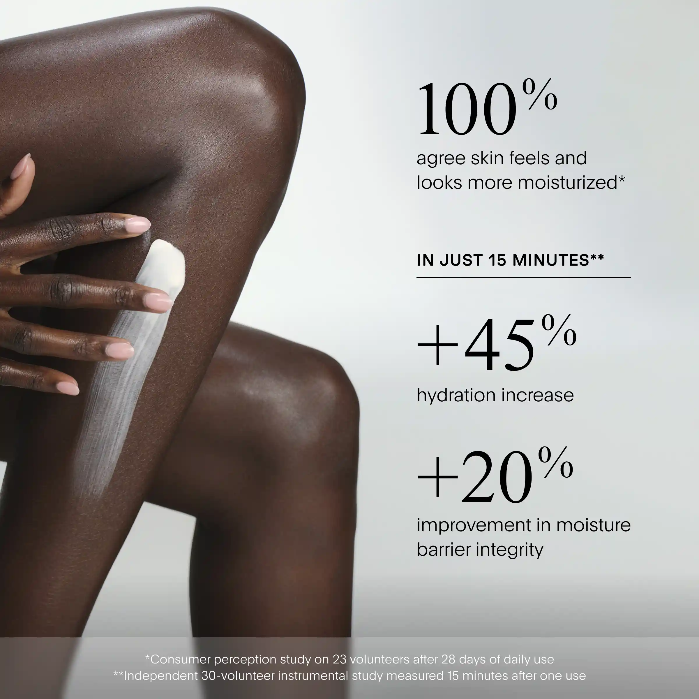 Person with deep skin tone applying white hydrating lotion to arm, displaying moisturized skin appearance.