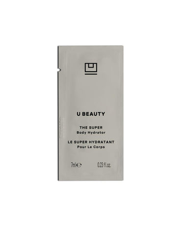 White rectangular sachet packet labeled "U BEAUTY THE SUPER Body Hydrator" with 7ml content, 0.23 fl.oz.