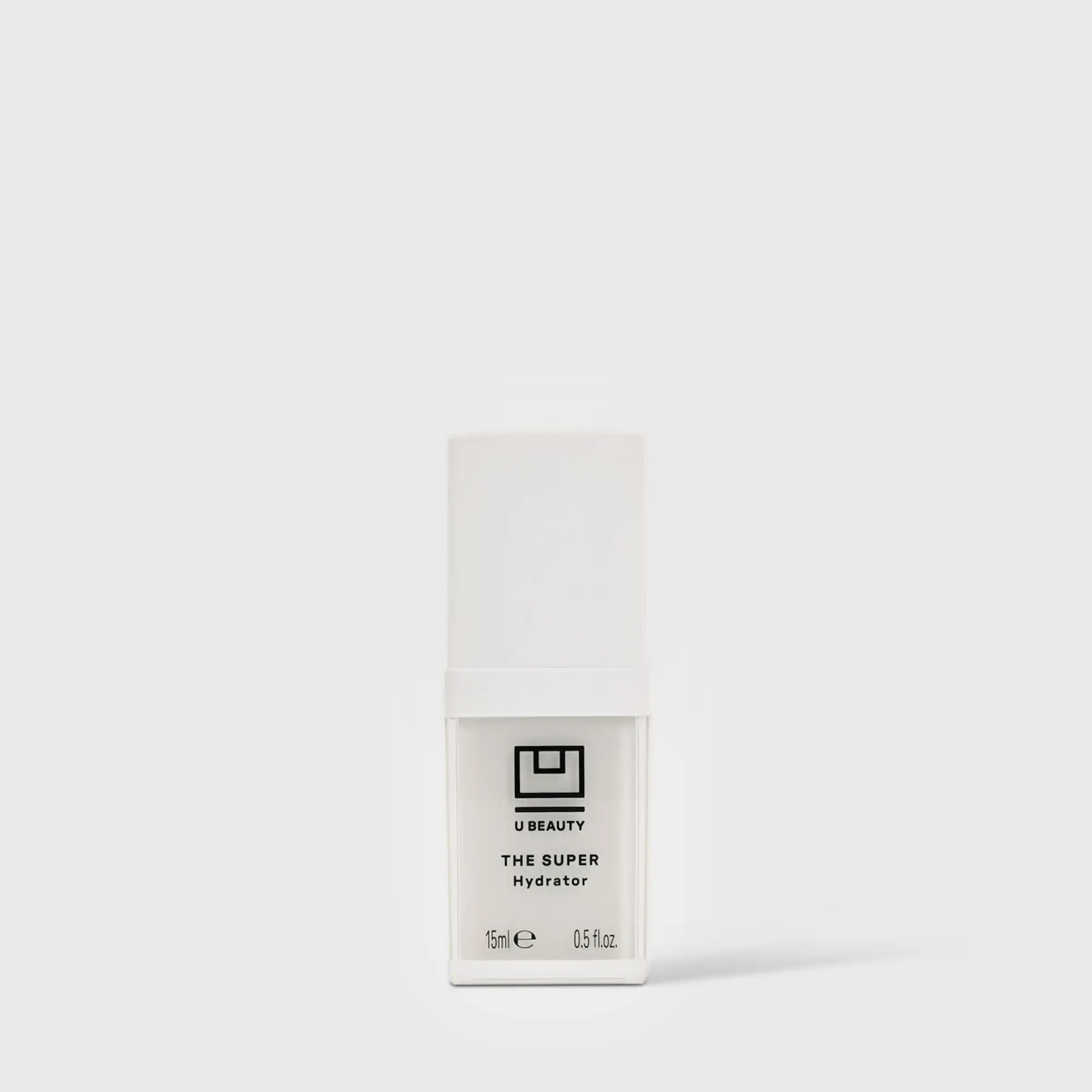 White rectangular bottle of The SUPER Hydrator by U Beauty, 15ml, with black text and logo on front.