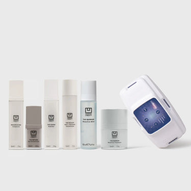 SIREN skincare set with five bottles and jars alongside white and blue Celluma LED light therapy device.