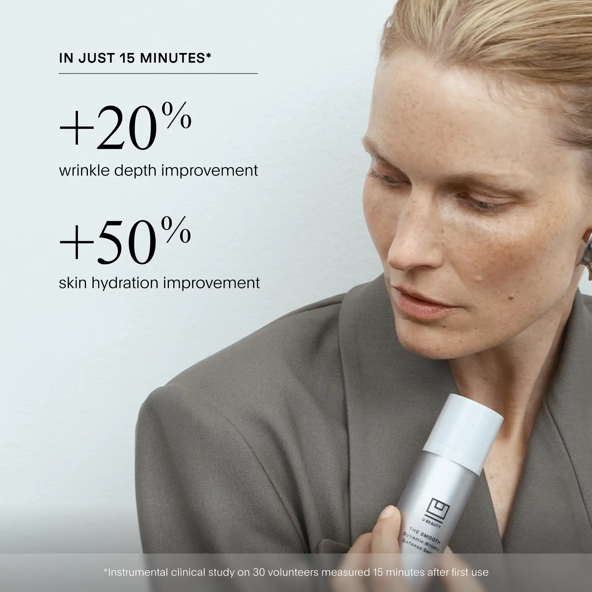 Woman holding white serum bottle with text displaying wrinkle depth and skin hydration improvement percentages.