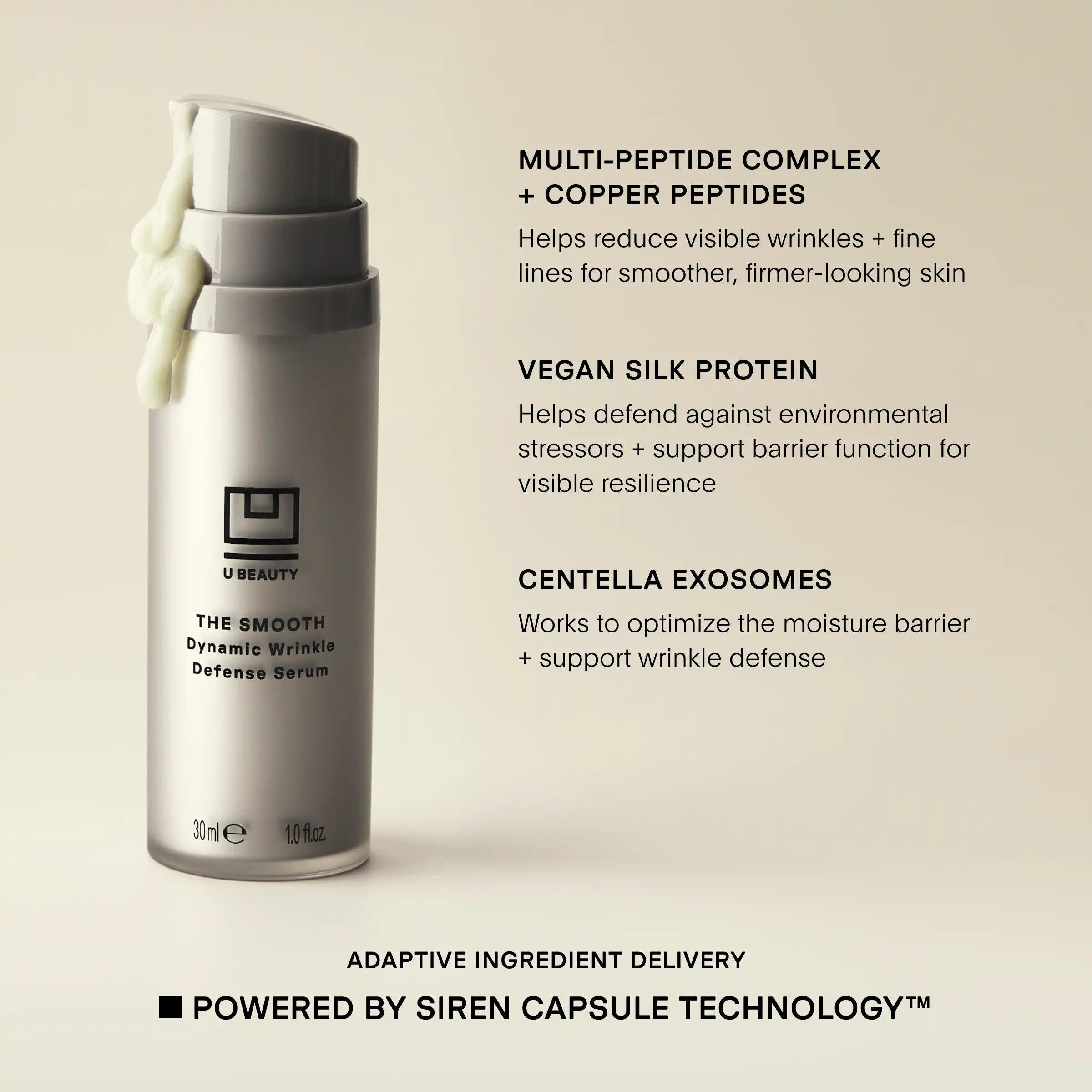 Silver cylindrical serum bottle with black label and cream-colored applicator pump against beige background.