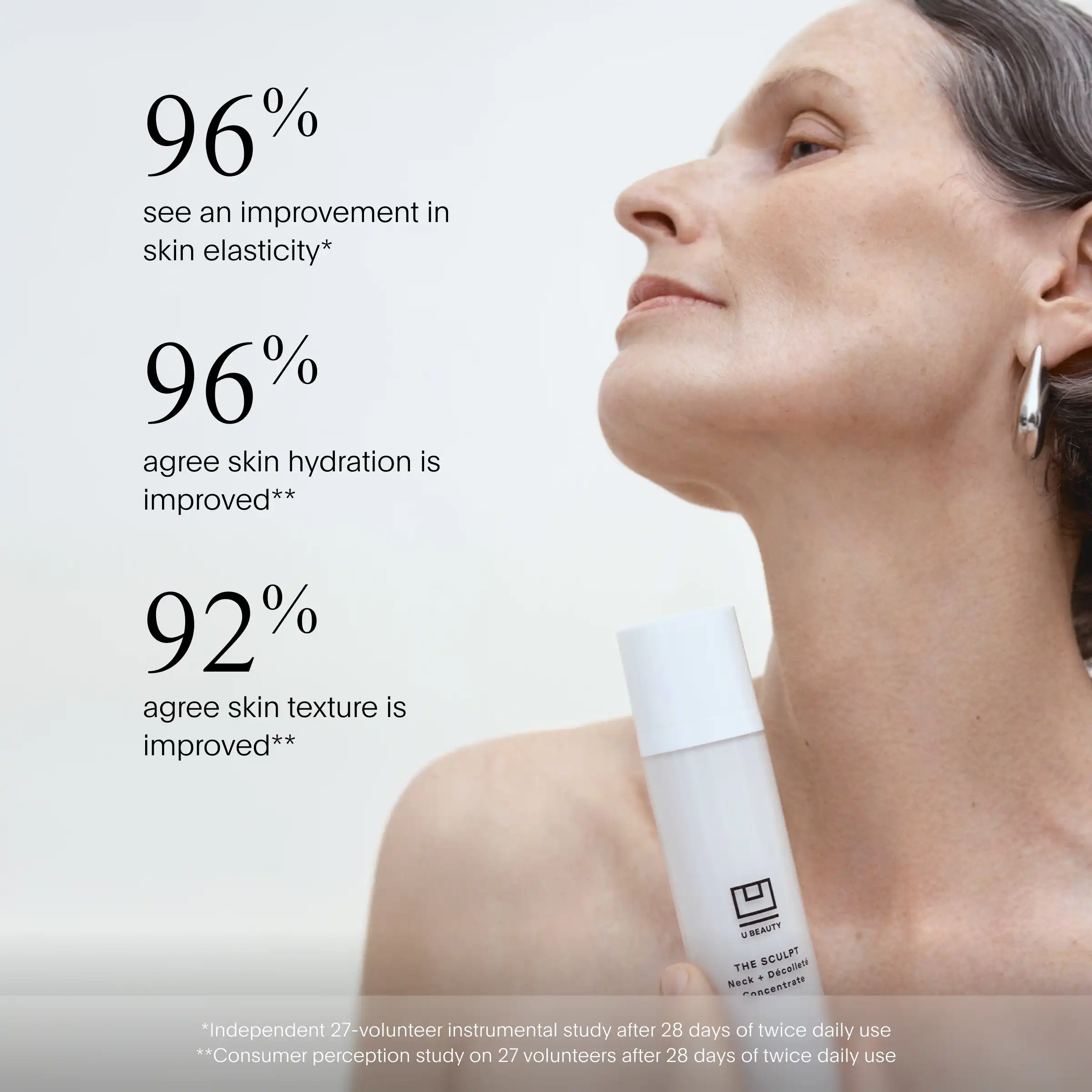 Woman holding white cylindrical tube of neck and décolleté concentrate against her neck and shoulder area.