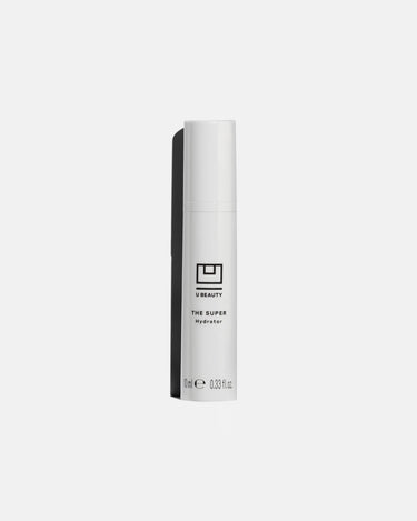 White cylindrical bottle labeled "UBEAUTY THE SUPER Hydrator" with black stripe, 10ml size.